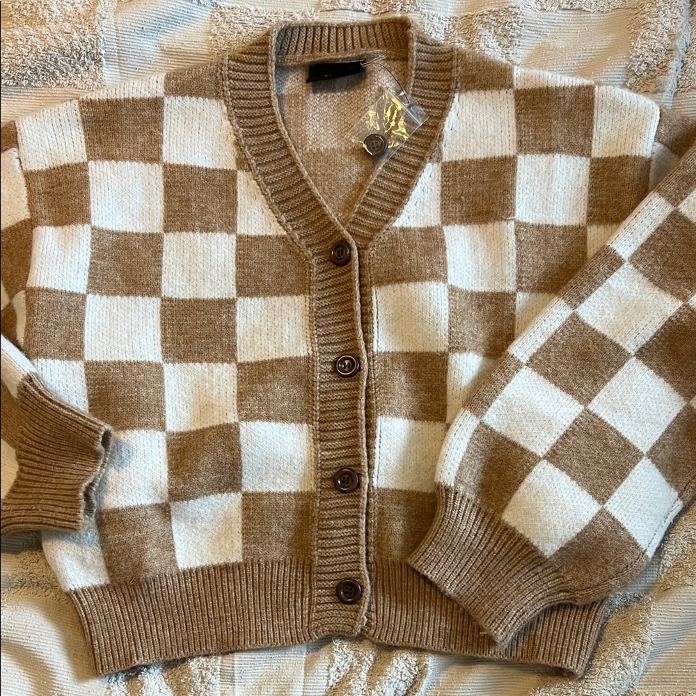 Vici Brown and White Checkered Cardigan
